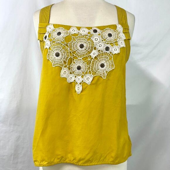 FLOREAT ANTHROPOLOGIE Gold Floral Lace Tank Top Cotton Cupro Women's 10 Bohemian - Picture 1 of 7